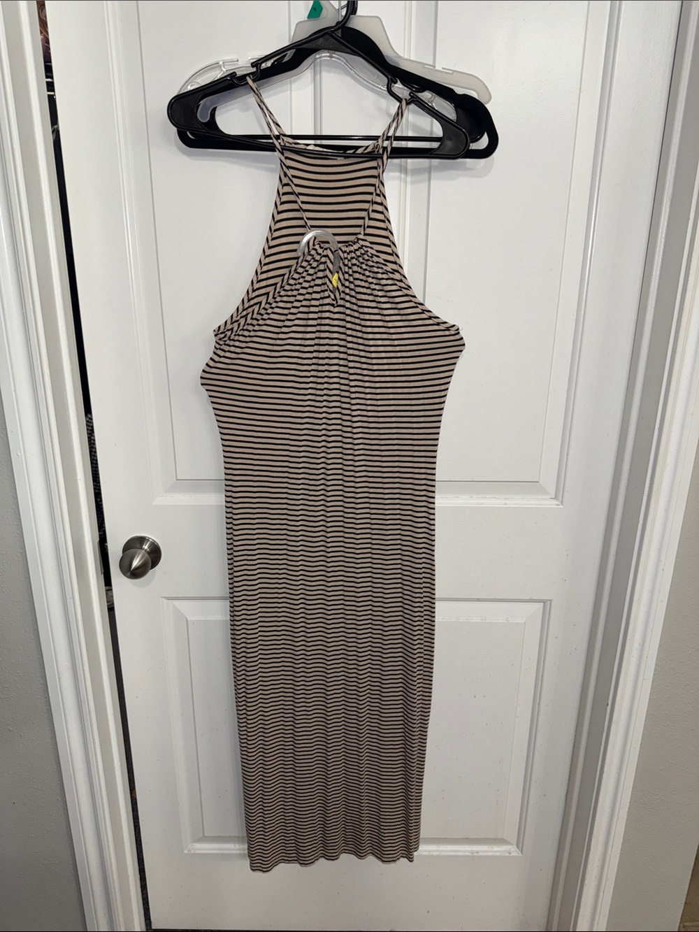 Striped Halter Midi Dress in Beige and Black